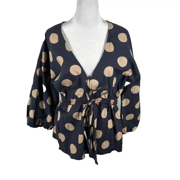 ASOS Navy Cream Polka Dot 3/4 Sleeve Top Blouse Shirt 6 Small Casual Tie Waist - Picture 1 of 5